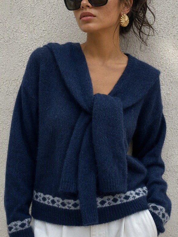 Scarf Collar Knit Sweater With Bow Heart Jacquard Back - Navy
