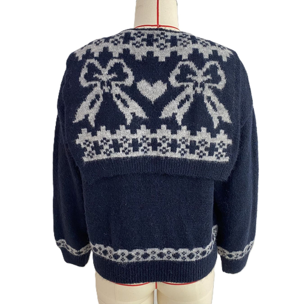 Scarf Collar Knit Sweater With Bow Heart Jacquard Back - Navy - 1
