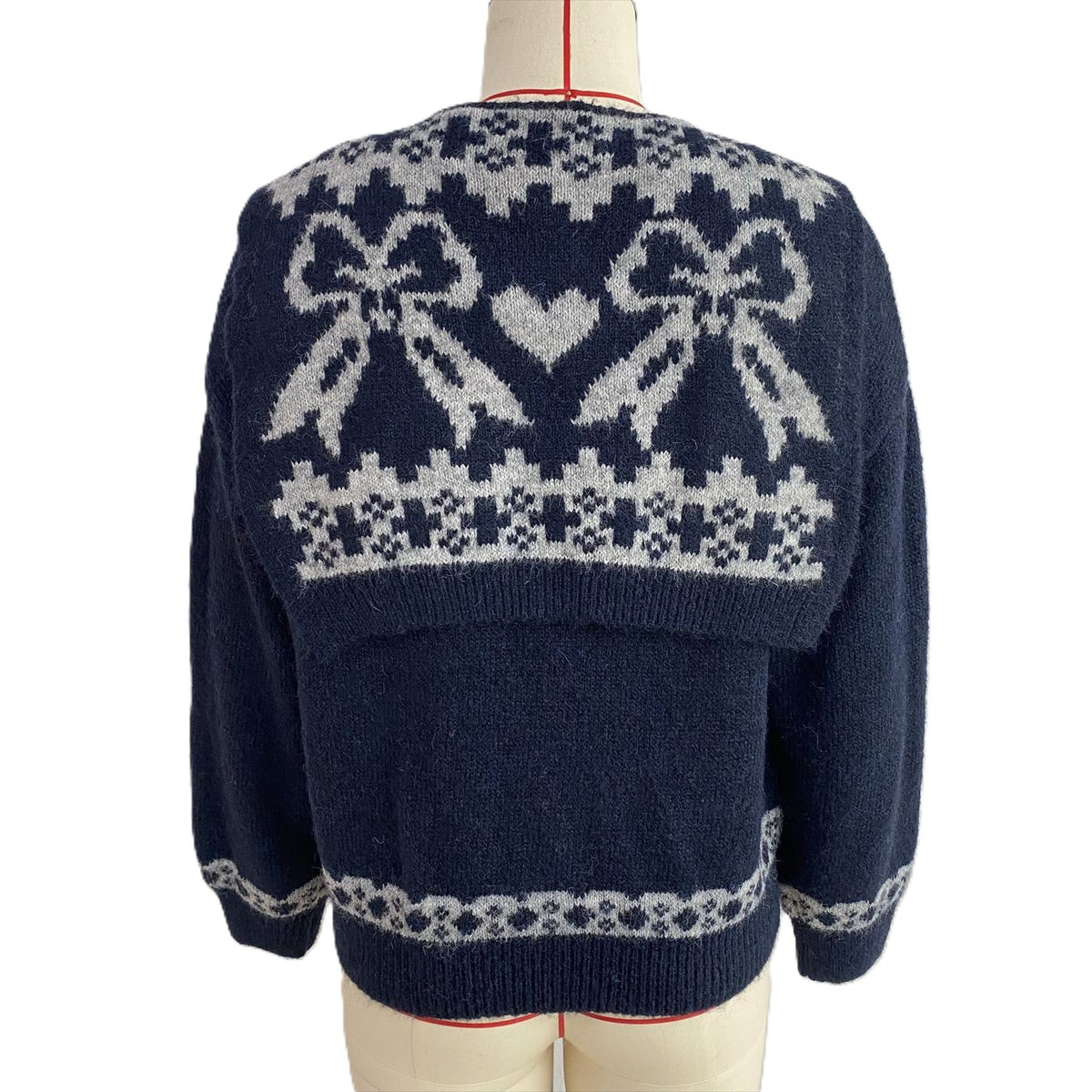 Scarf Collar Knit Sweater With Bow Heart Jacquard Back - Navy - 1
