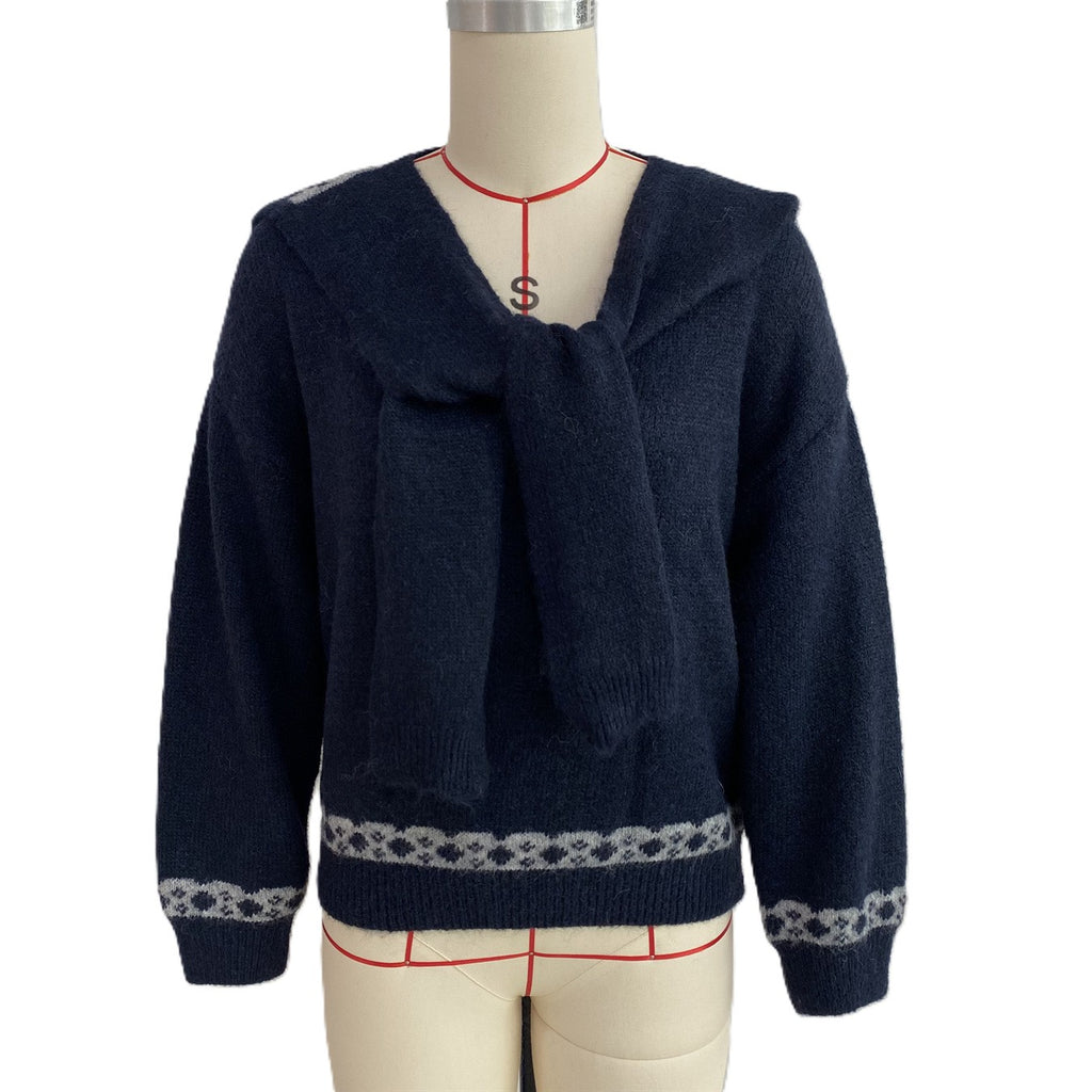 Scarf Collar Knit Sweater With Bow Heart Jacquard Back - Navy - 2