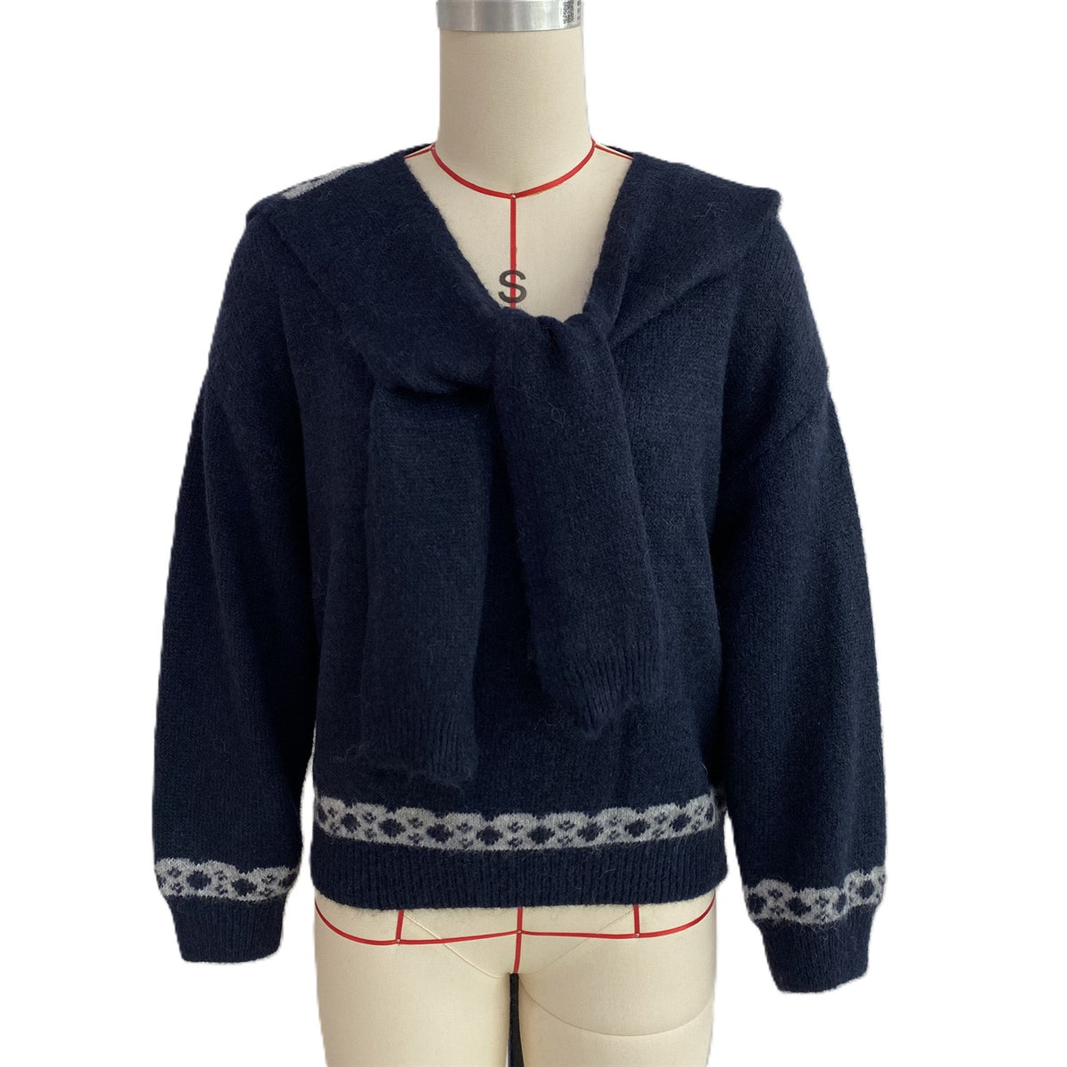Scarf Collar Knit Sweater With Bow Heart Jacquard Back - Navy - 2