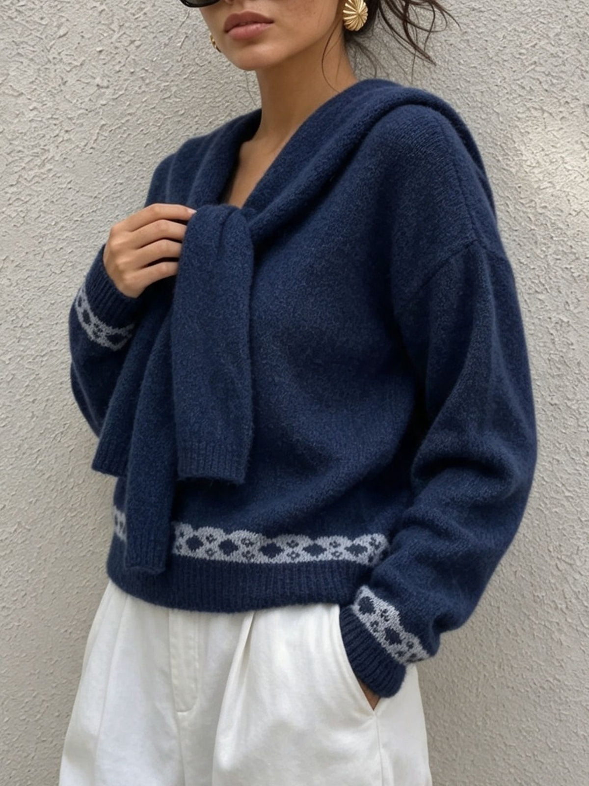 Scarf Collar Knit Sweater With Bow Heart Jacquard Back - Navy - 3