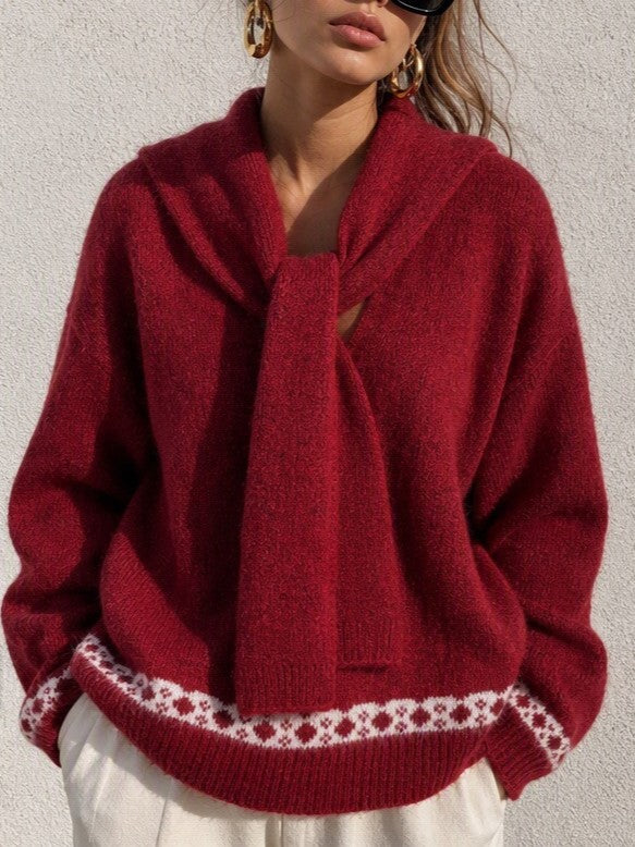 Scarf Collar Knit Sweater With Bow Heart Jacquard Back - Red