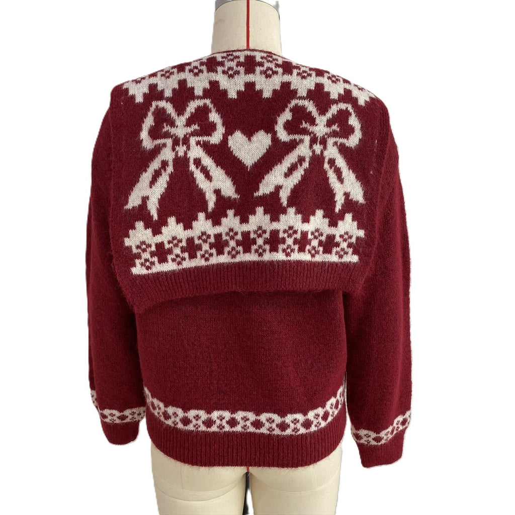 Scarf Collar Knit Sweater With Bow Heart Jacquard Back - Red - 1