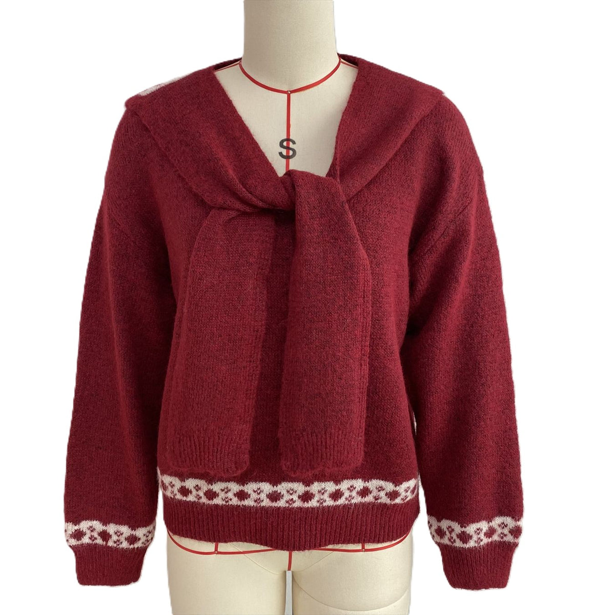 Scarf Collar Knit Sweater With Bow Heart Jacquard Back - Red - 2