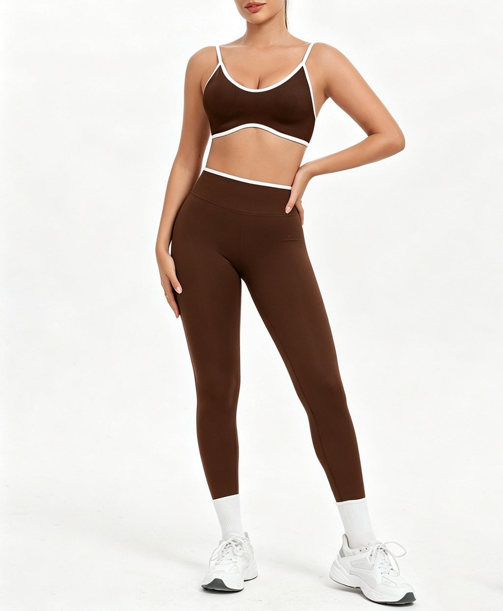 Contrast Trim Seamless Bra and Leggings Workout Set - Coffee