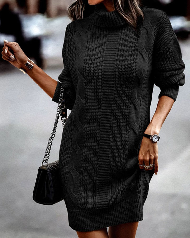 Turtleneck Cable Knit Longline Sweater - Black