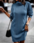 Turtleneck Cable Knit Longline Sweater - Blue