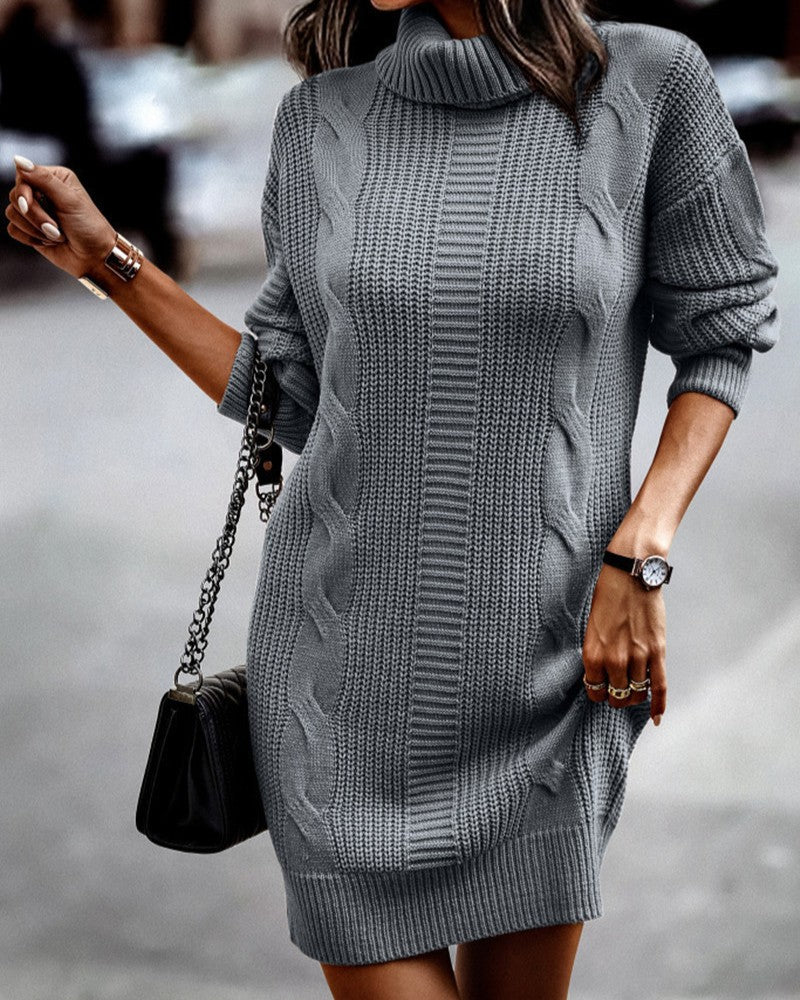 Turtleneck Cable Knit Longline Sweater - Dark-Gray
