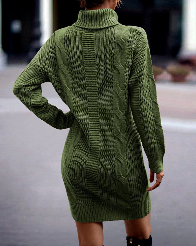 Turtleneck Cable Knit Longline Sweater - Green - 2