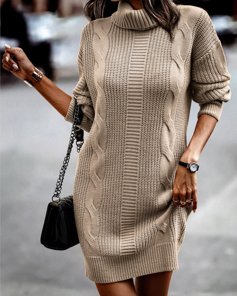 Turtleneck Cable Knit Longline Sweater - Khaki