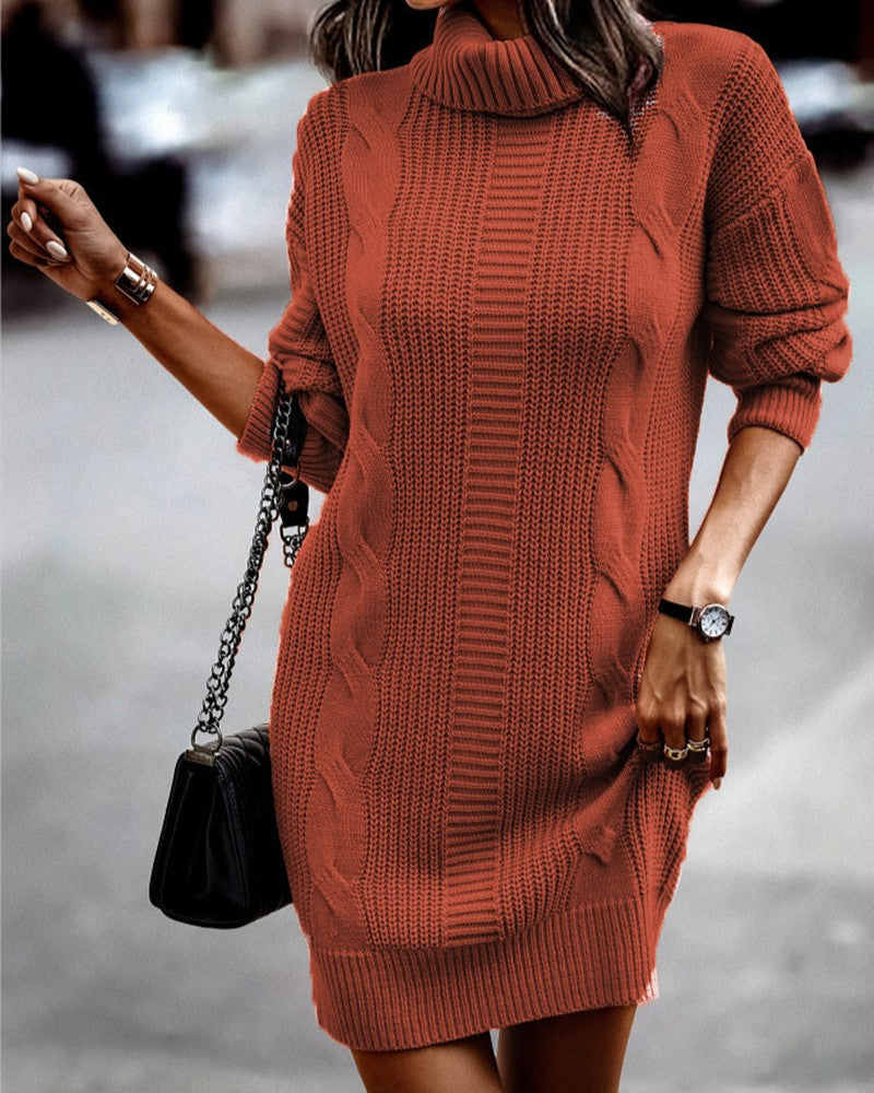 Turtleneck Cable Knit Longline Sweater - Orange