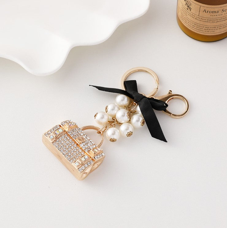 Crystal Mini Handbag Charm Keychain - Gold - 1