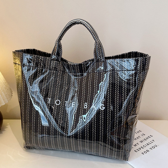 Vertical Stripe Tote Bag With Velcro Closure - Black