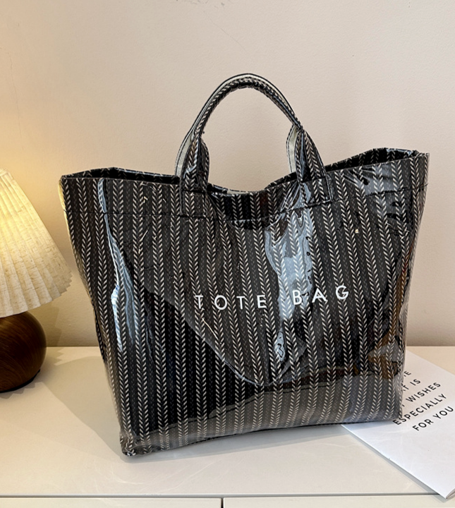 Vertical Stripe Tote Bag With Velcro Closure - Black - 1