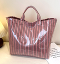 Vertical Stripe Tote Bag With Velcro Closure - Khaki
