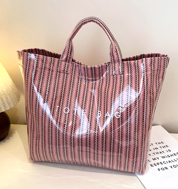 Vertical Stripe Tote Bag With Velcro Closure - Khaki