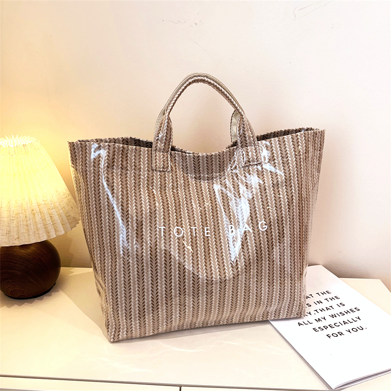 Vertical Stripe Tote Bag With Velcro Closure - Khaki - 1