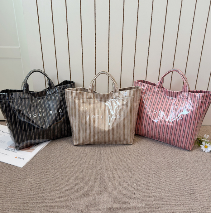 Vertical Stripe Tote Bag With Velcro Closure - Khaki - 4
