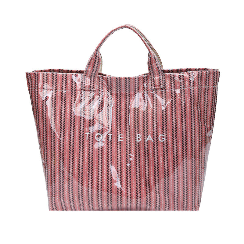 Vertical Stripe Tote Bag With Velcro Closure - Pink