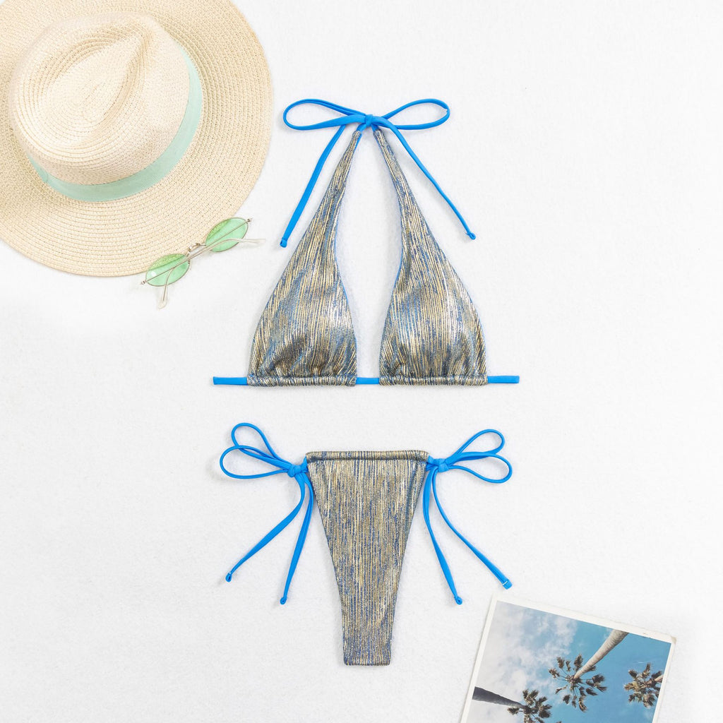 Shimmer Halter Tie Side String Bikini Set - Blue - 4