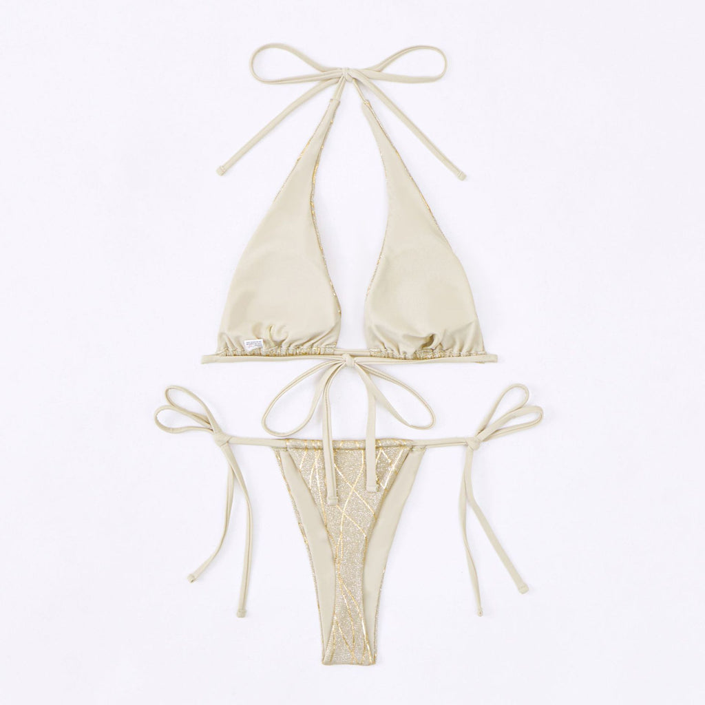 Shimmer Halter Tie Side String Bikini Set - Gold - 5