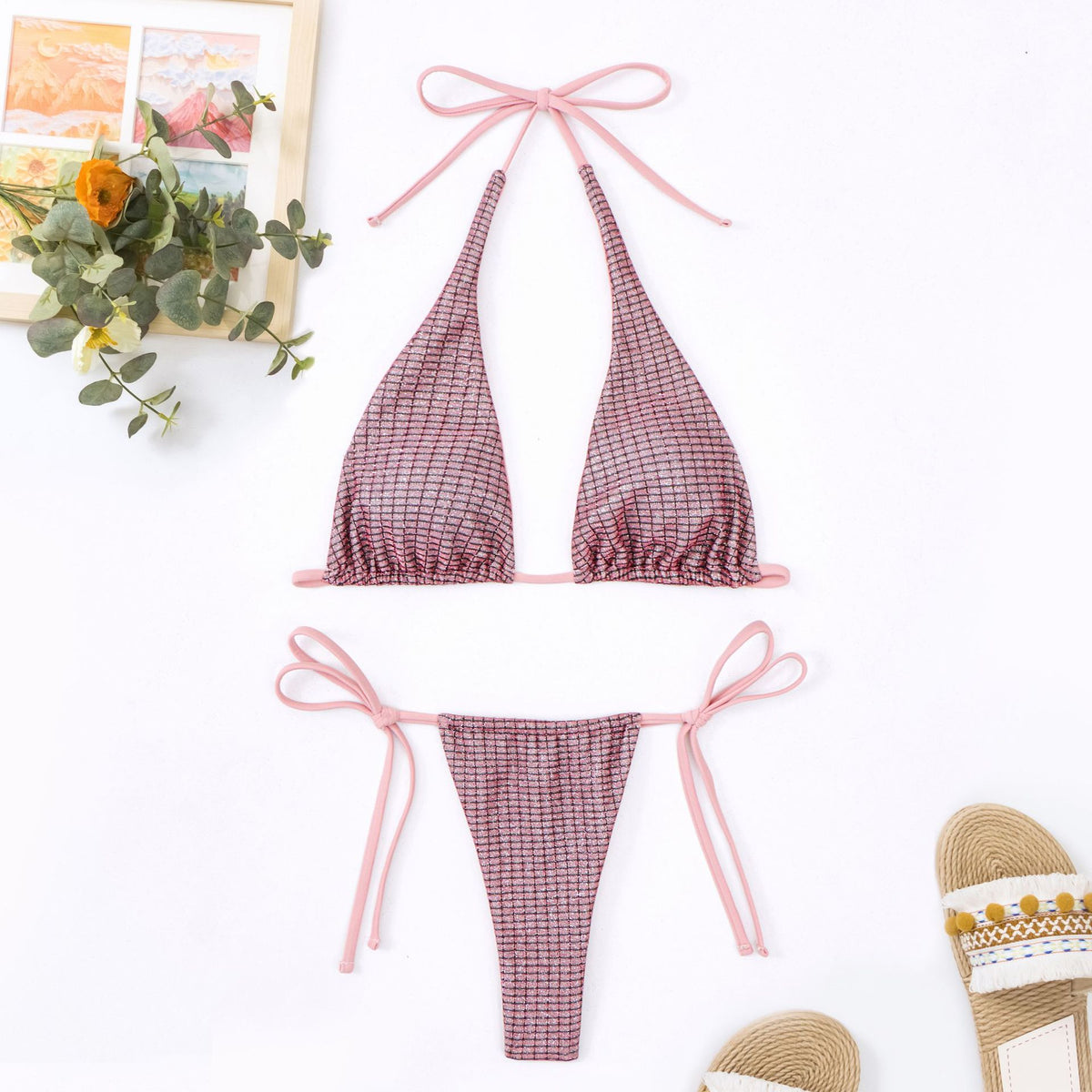 Shimmer Halter Tie Side String Bikini Set - Pink - 5