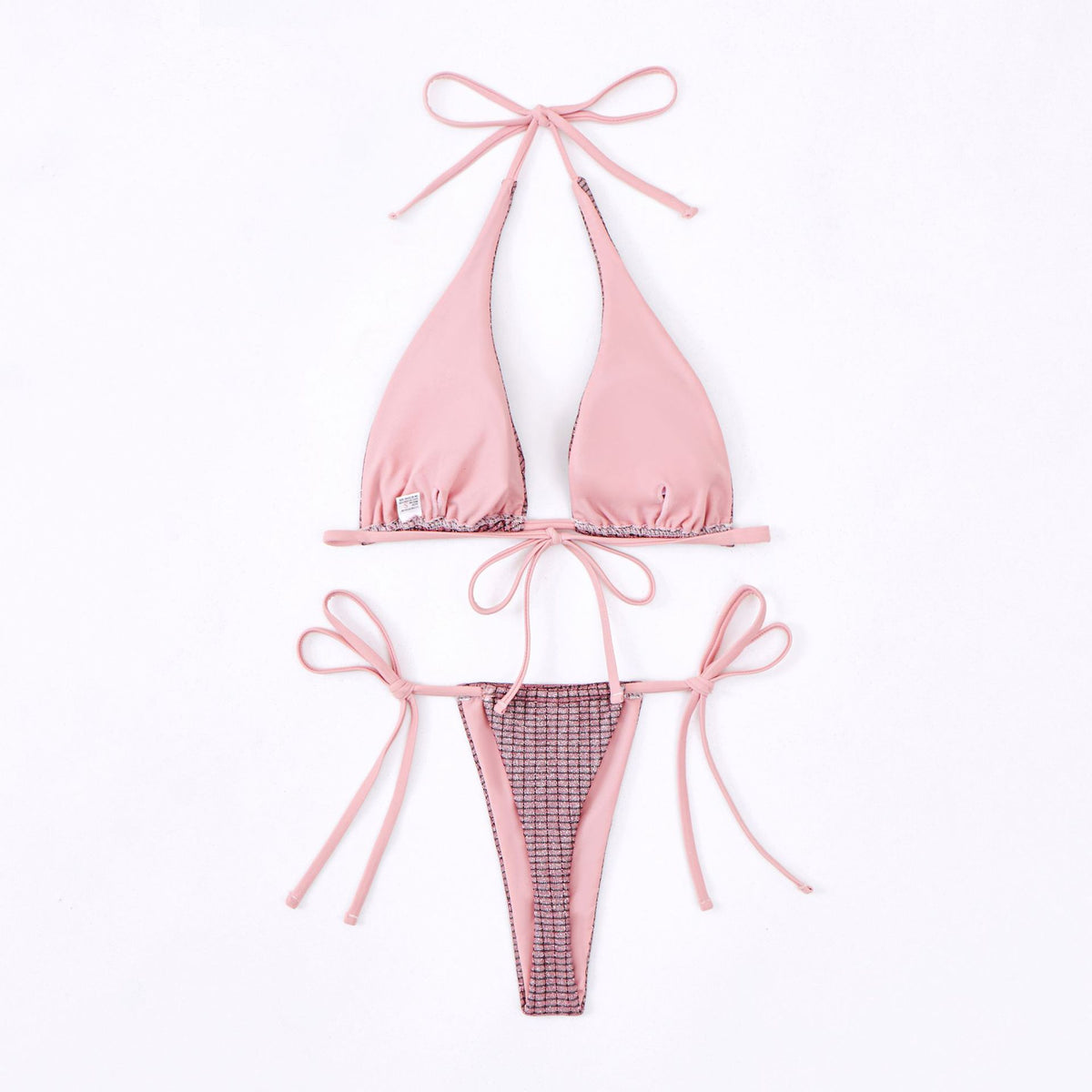 Shimmer Halter Tie Side String Bikini Set - Pink - 7