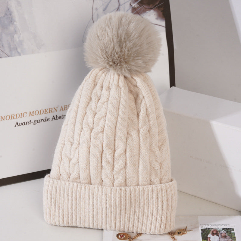 Cable Knit Pom Pom Beanie Hat - Beige