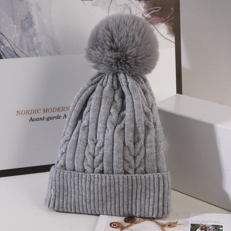 Cable Knit Pom Pom Beanie Hat - Grey