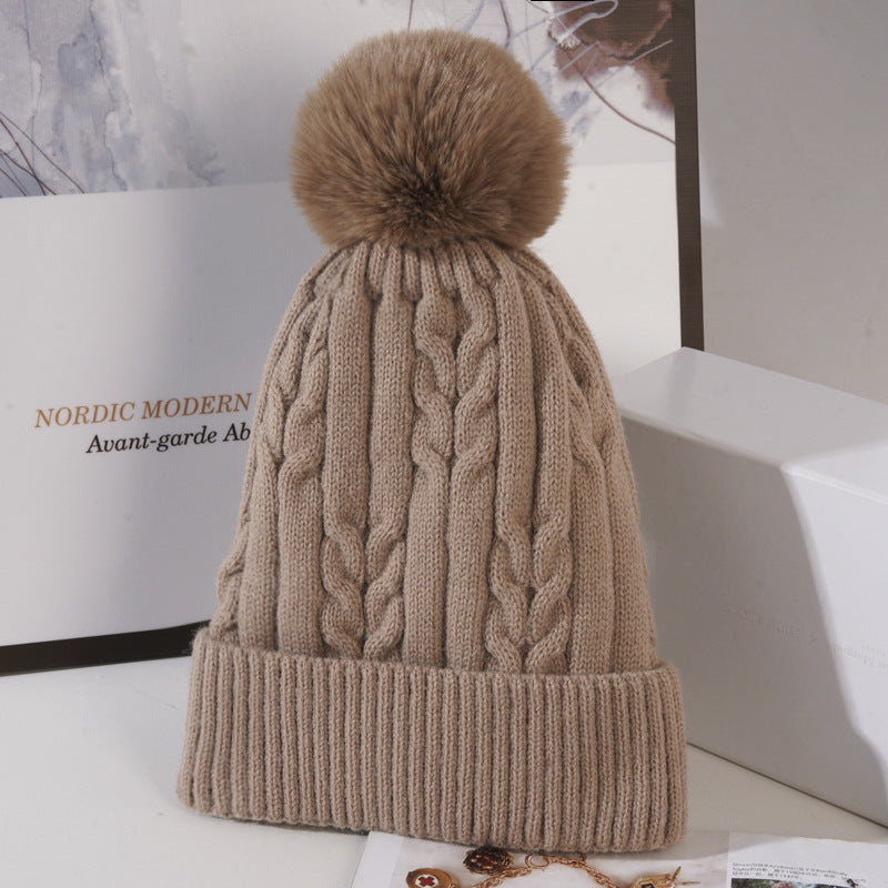 Cable Knit Pom Pom Beanie Hat - Khaki