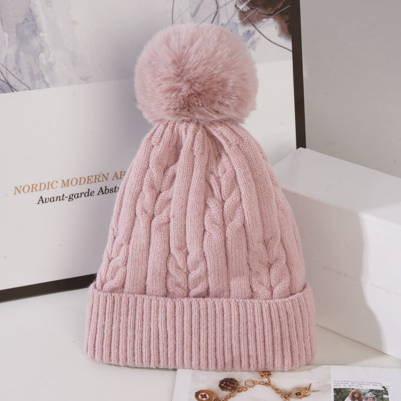 Cable Knit Pom Pom Beanie Hat - Pink