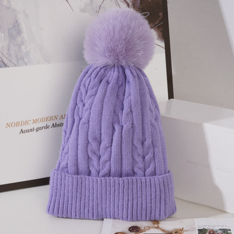 Cable Knit Pom Pom Beanie Hat - Purple