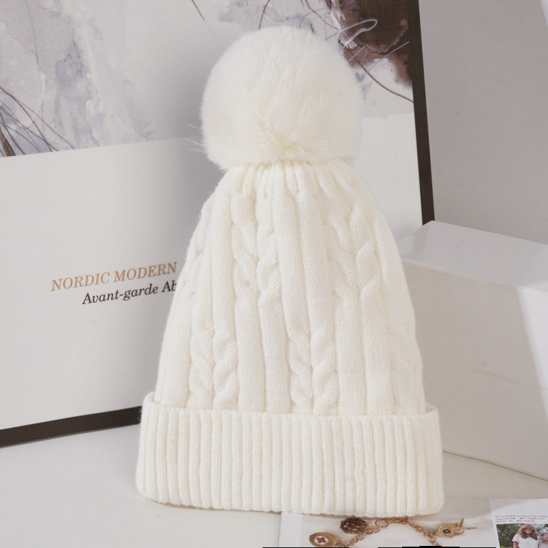 Cable Knit Pom Pom Beanie Hat - White