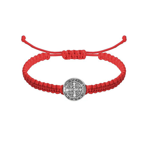 Adjustable Braided Cord Medallion Bracelet - Red