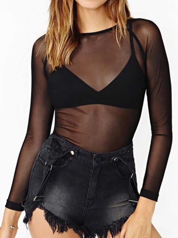 Sheer Mesh Long Sleeve Layering Top - black