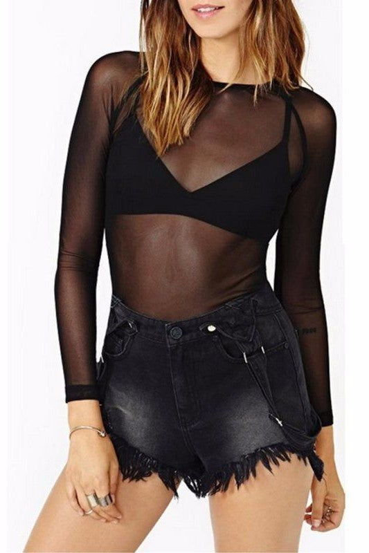 Sheer Mesh Long Sleeve Layering Top - black - 1