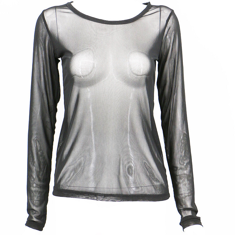Sheer Mesh Long Sleeve Layering Top - black - 3