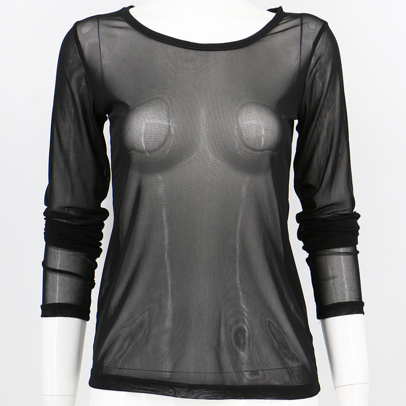 Sheer Mesh Long Sleeve Layering Top - black - 4