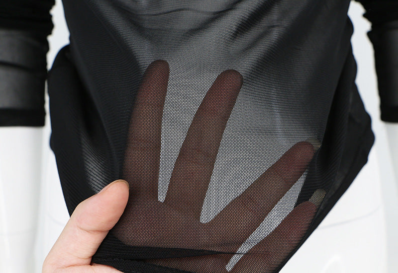 Sheer Mesh Long Sleeve Layering Top - black - 6
