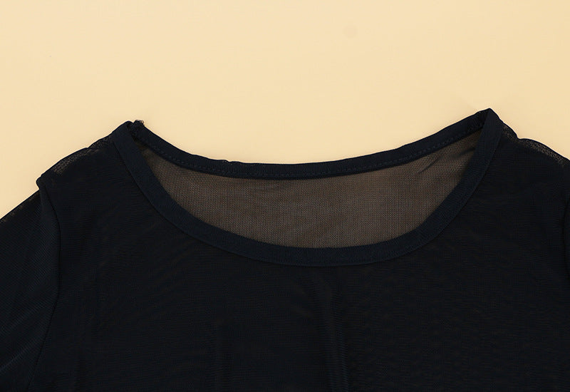 Sheer Mesh Long Sleeve Layering Top - black - 7