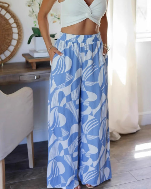 Abstract Print Wide Leg Beach Pants - Blue