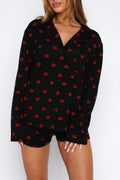 Button Front Pajama Shirt and Shorts Set - Black