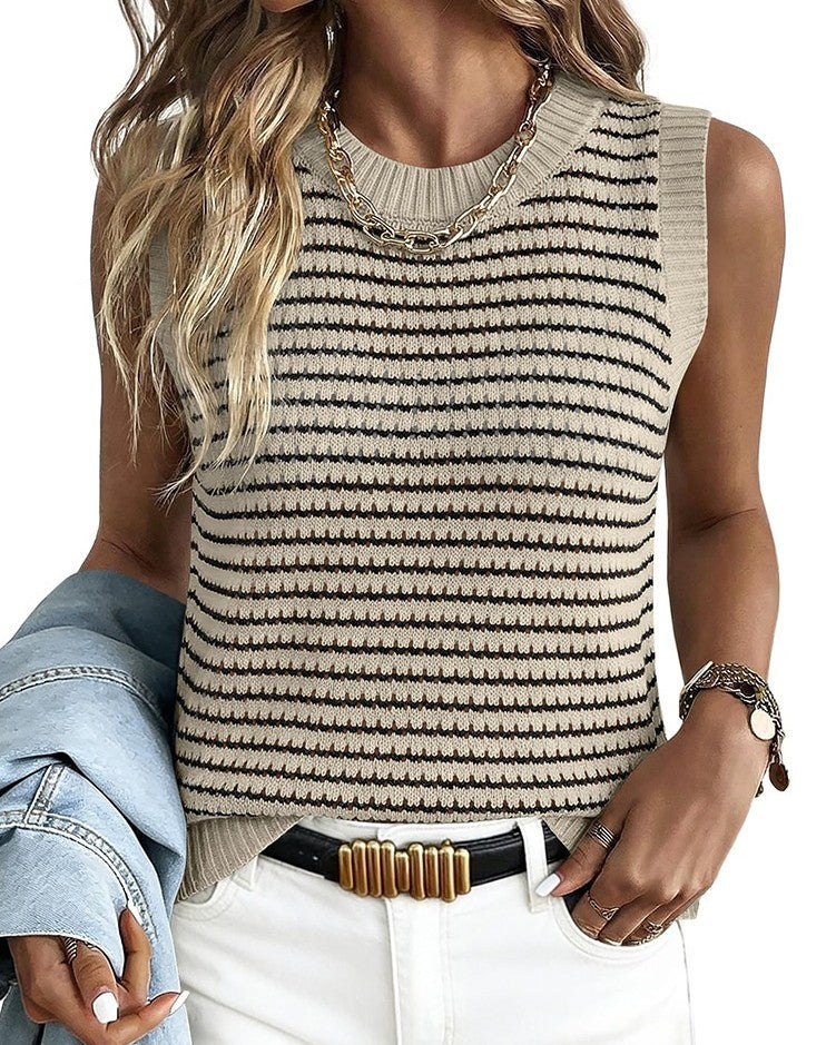 Textured Stripe Knit Sleeveless Tank Top - Apricot