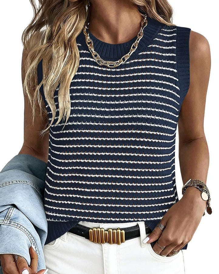 Textured Stripe Knit Sleeveless Tank Top - Navy-Blue