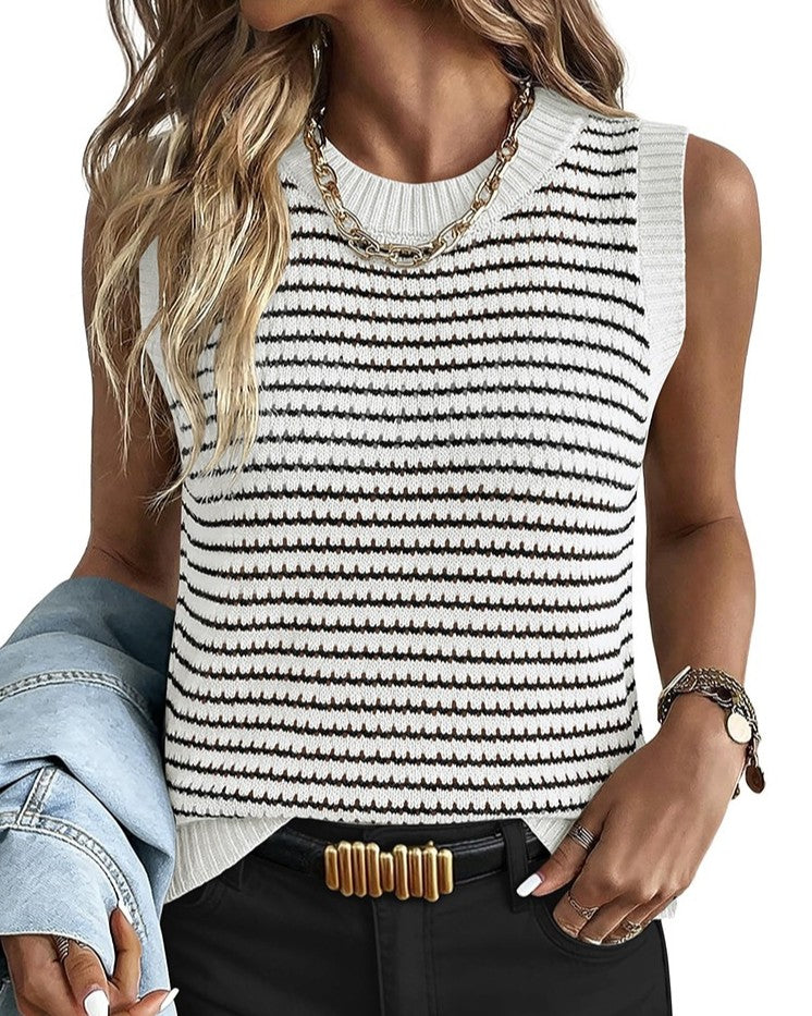 Textured Stripe Knit Sleeveless Tank Top - White