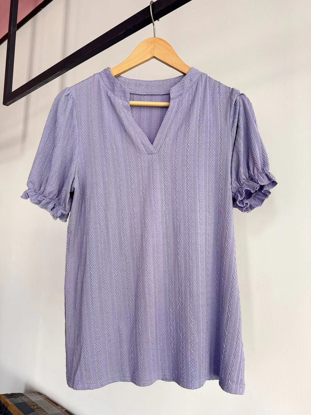 Textured Split Neck Puff Sleeve Blouse - Purple - 2