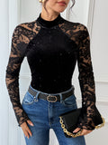 Sparkle Velvet Lace Sleeve Mock Neck Bodysuit - Black
