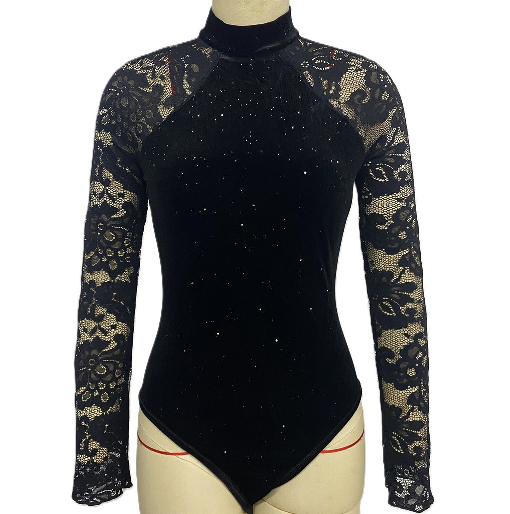 Sparkle Velvet Lace Sleeve Mock Neck Bodysuit - Black - 1