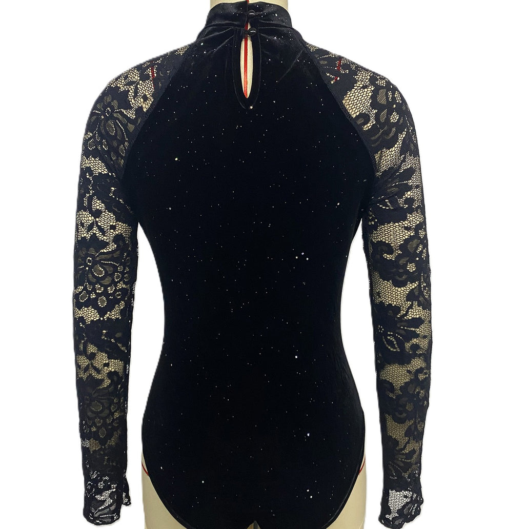 Sparkle Velvet Lace Sleeve Mock Neck Bodysuit - Black - 2